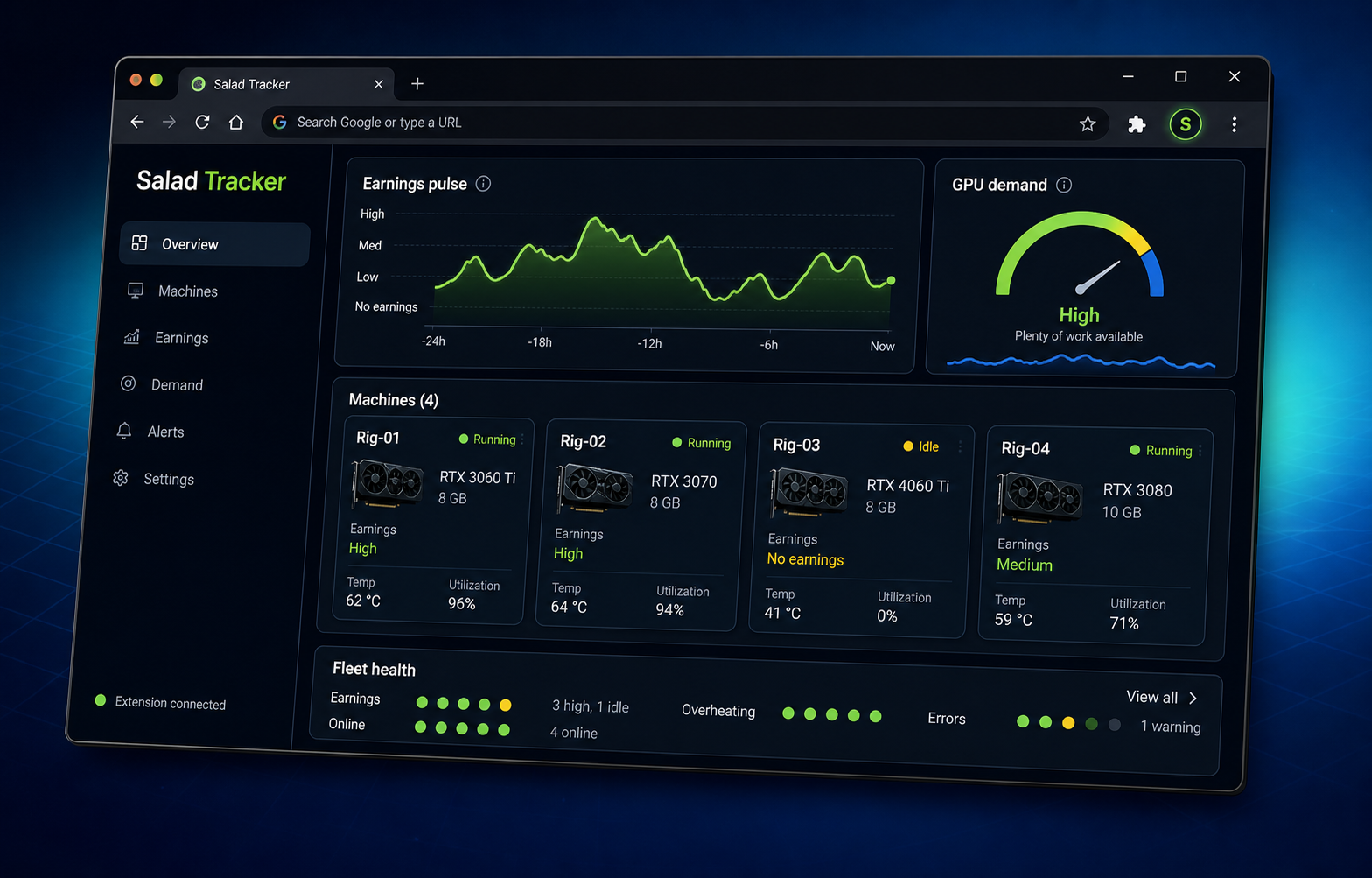 Salad Tracker Chrome extension dashboard with earnings pulse, GPU demand, and fleet health