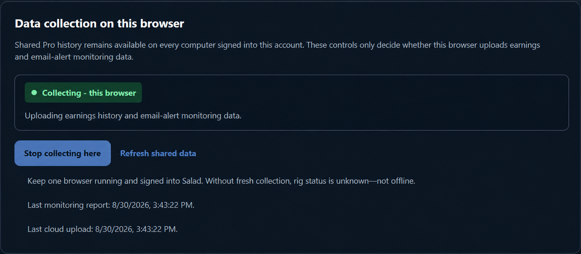 Salad Tracker cross-PC cloud synchronization view
